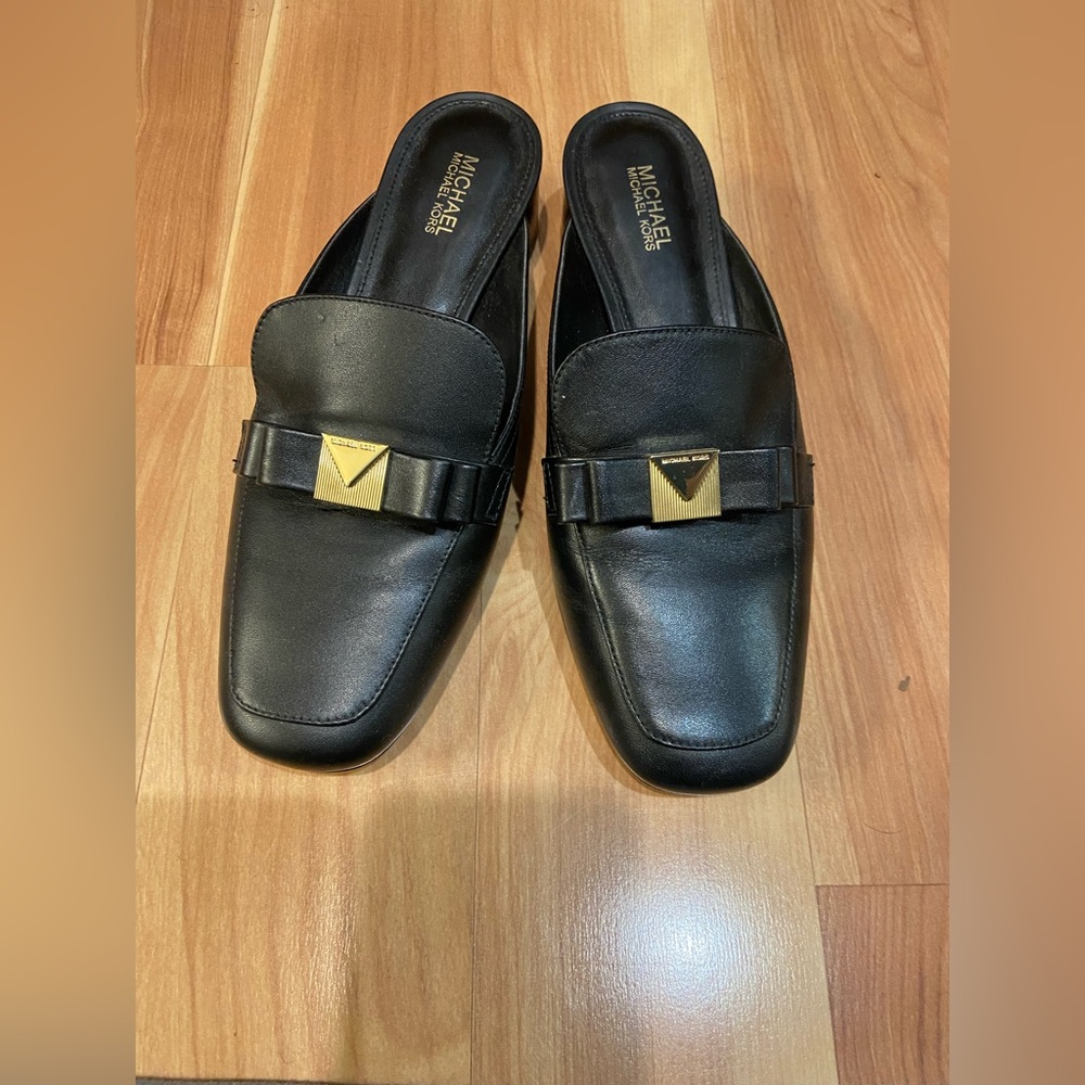 Michael Kors Black Leather Loafers with Gold Accent